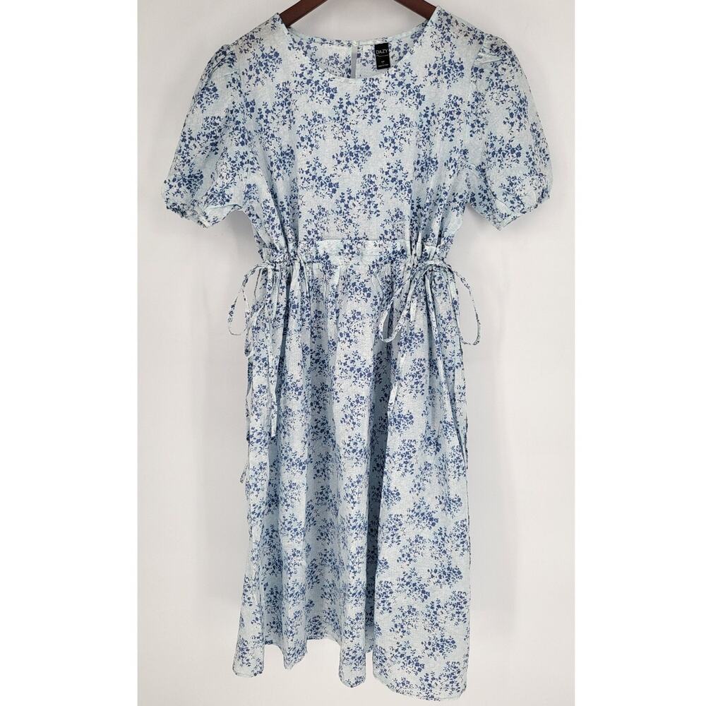 Dazy Blue Floral Textured Midi Dress Prarie Cottagecore Lagenlook Women's L